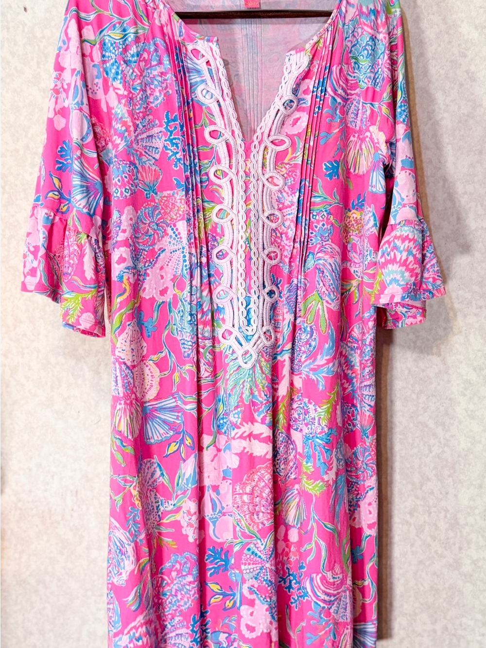 Lilly Pulitzer Pink Seashell Print Bell Sleeve Shift Dress Resort Coastal Chic L - Picture 2 of 9